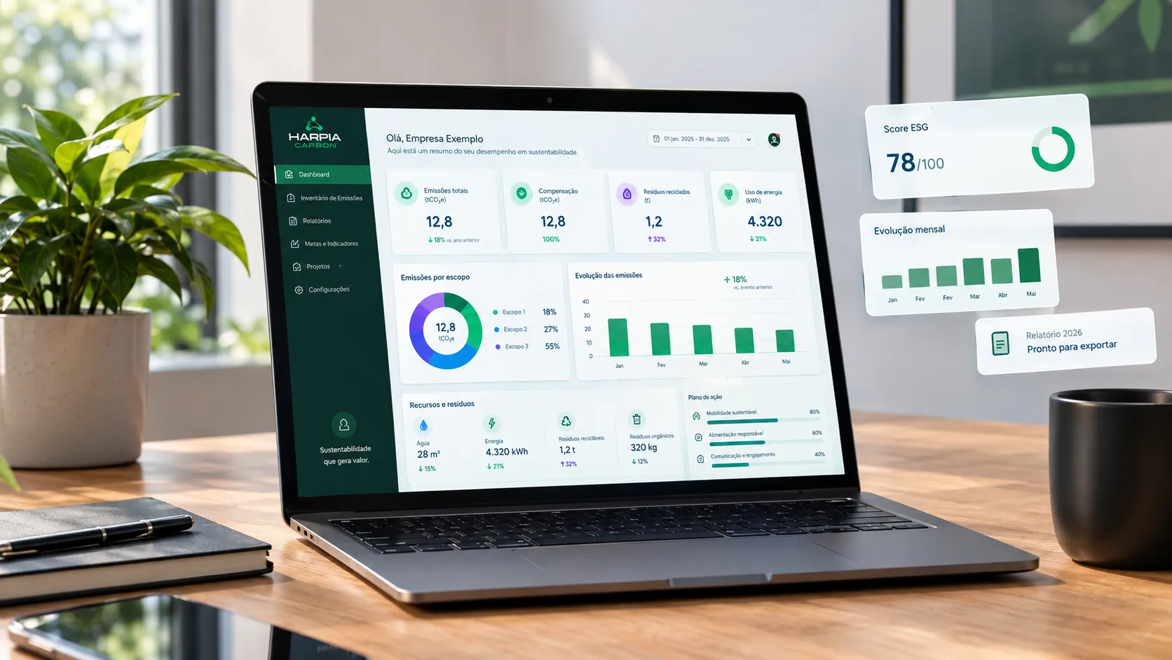 Notebook com o dashboard da Harpia Carbon: score ESG 78 de 100, evolução mensal das emissões e relatório 2026 pronto para exportar